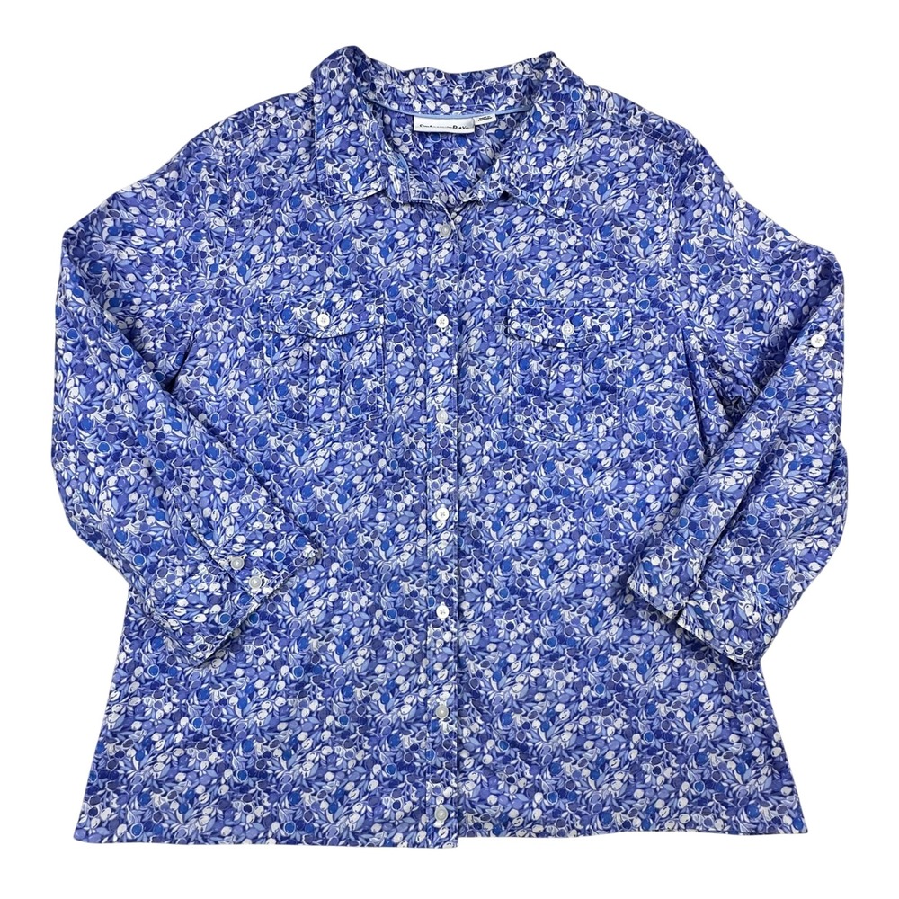 St Johns Bay Womens Blue Floral Berry Print 100% Cotton Button Down Shirt Large - Picture 1 of 15